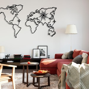 Metall Weltkarte Wandkunst, Kompass Weltkarte Dekor, Reise-Liebhaber Geschenk, Black Metal Weltkarte, minimalistisches Welt Dekor, Wohnzimmer Dekor