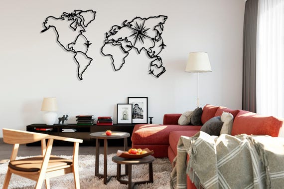 Metal World Map Wall Art, Compass World Map Decor, Travel Lover Gift, Black Metal Map of the World, Minimalist World Decor,Living Room Decor