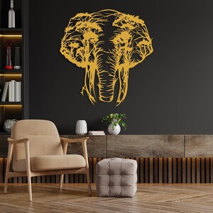 Elephant Tree Metal Wall Art, Safari Animals Wall Decor, Africa Wall Art, Livingroom Wall Hanging, Outdoor Metal Wall Art,Wildife Lover Gift Gold