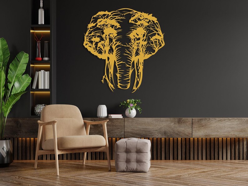 Elephant Tree Metal Wall Art, Safari Animals Wall Decor, Africa Wall Art, Livingroom Wall Hanging, Outdoor Metal Wall Art,Wildife Lover Gift Gold