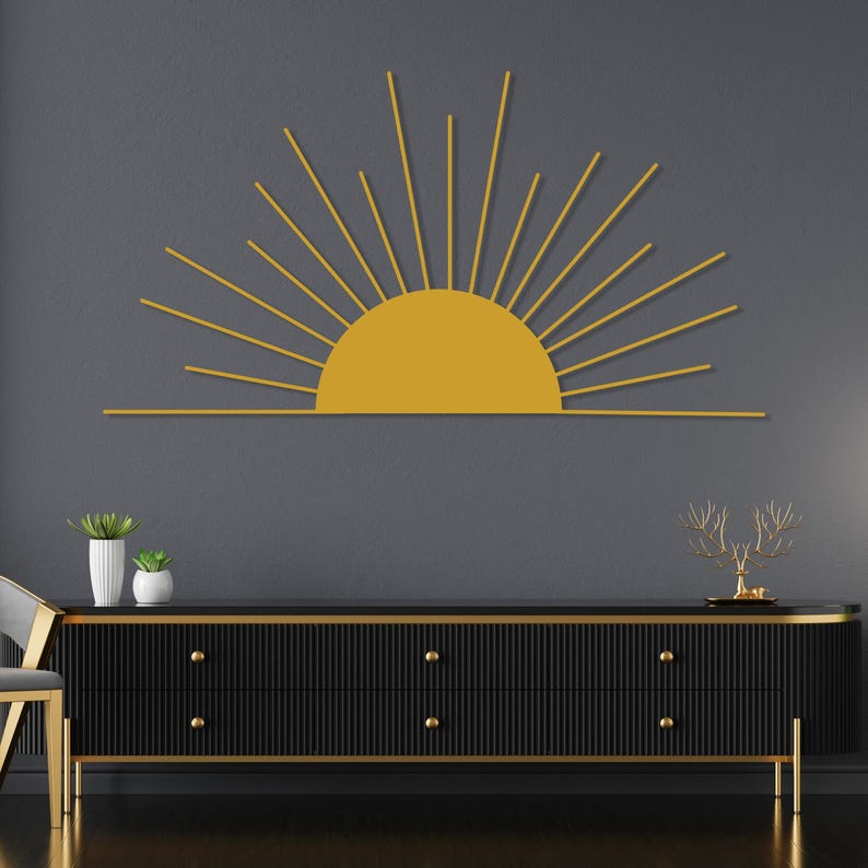 Sun Metal Wall Art, Sun Boho Wall Art, Minimalist Sun Lovers Gift, Gold Sunrise Home Decor, Sun Home Decor Gift Idea, Modern Metal Sun Art image 8