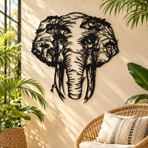 Elephant Tree Metal Wall Art, Safari Animals Wall Decor, Africa Wall Art, Livingroom Wall Hanging, Outdoor Metal Wall Art,Wildife Lover Gift image 2