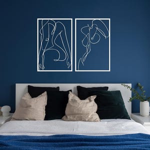 Naked Woman Body Wall Art Set of 2, Metal Bathroom Wall Decor, Minimalist Female Body Bedroom Decor, Feminine One Line Art, Above Bed Decor White
