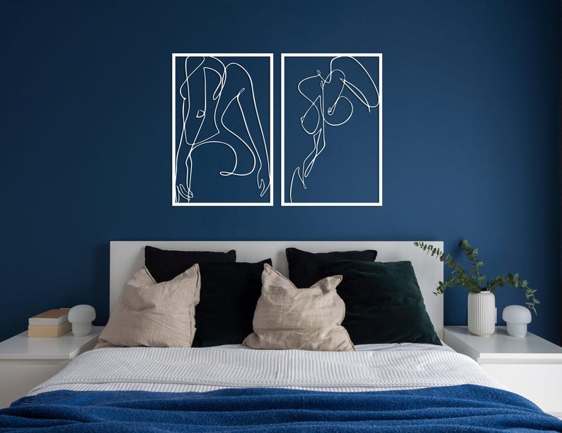 Naked Woman Body Wall Art Set of 2, Metal Bathroom Wall Decor, Minimalist Female Body Bedroom Decor, Feminine One Line Art, Above Bed Decor White