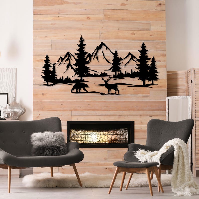 Mountain Forest Metal Wall Art With Bear and Deer, Nature Decor Gift ...