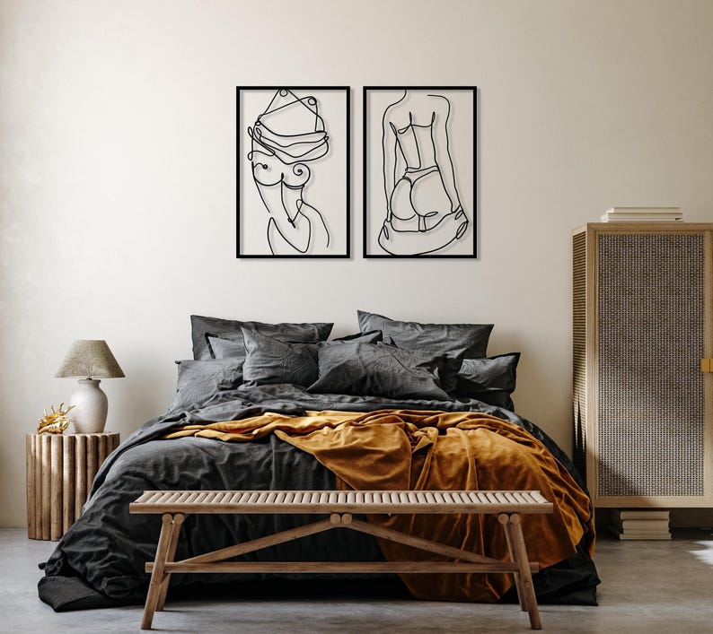 Conjunto de 2 cuadros de metal con cuerpos femeninos desnudos, decoración de pared minimalista con figuras femeninas desnudas, regalo ideal, arte de pared con desnudo femenino, decoración para dormitorio. imagen 2