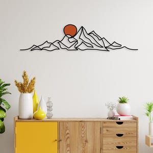 Minimalist Mountain Wall Art, Modern Boho Metal Wall Decor, Large Mountain Range, Gold Sun Black Mountain Above Bed Decor, Mid-Century Art image 2