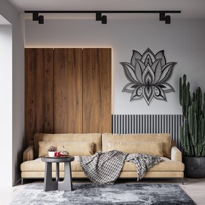 Grande decorazione da parete in metallo con mandala e fiore di loto, decorazione da parete in metallo con fiore di loto, arte yoga, decorazione da parete per la camera da letto, decorazione sopra il letto, regalo di inaugurazione della casa immagine 5