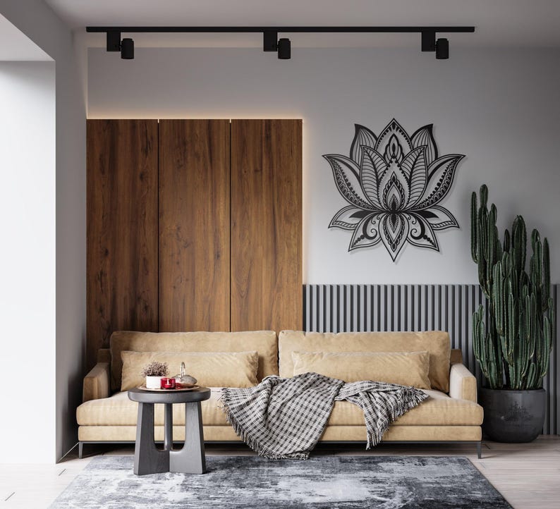 Grande decorazione da parete in metallo con mandala e fiore di loto, decorazione da parete in metallo con fiore di loto, arte yoga, decorazione da parete per la camera da letto, decorazione sopra il letto, regalo di inaugurazione della casa immagine 5