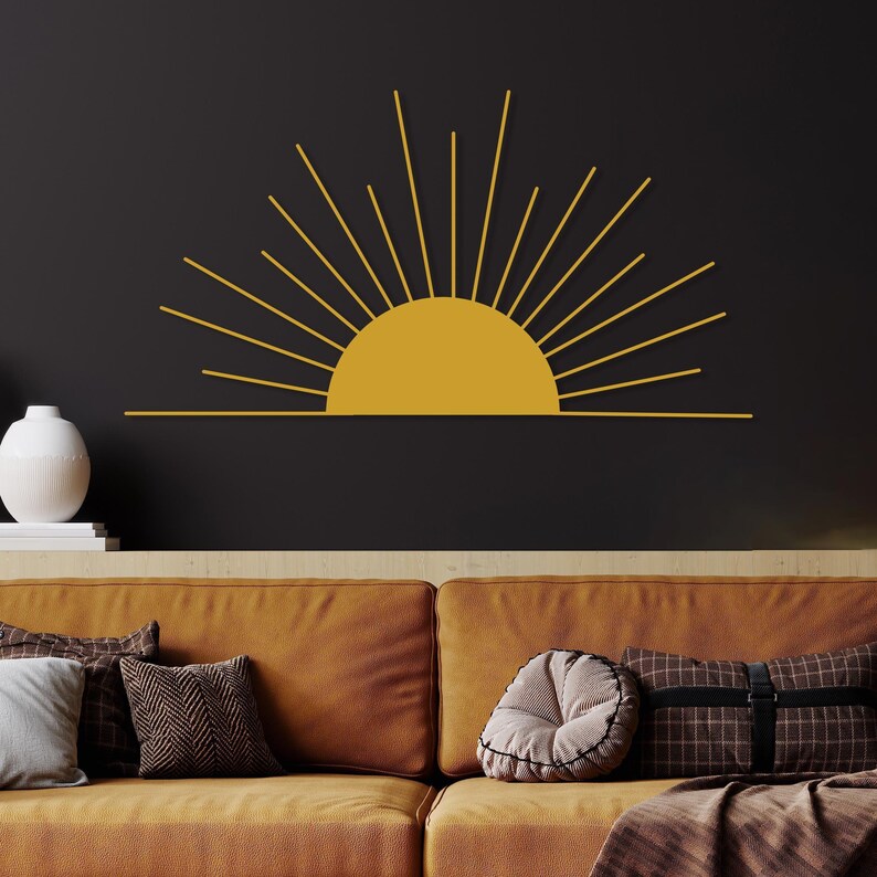 Sun Metal Wall Art, Sun Boho Wall Art, Minimalist Sun Lovers Gift, Gold Sunrise Home Decor, Sun Home Decor Gift Idea, Modern Metal Sun Art image 6