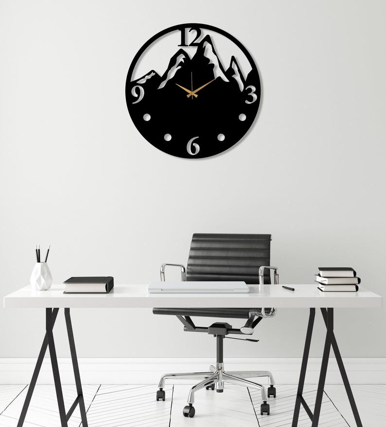 Black Mountain View Large Wall Clock, Modern Design Silent Wall Clock, Unique Home Decor Art, Farmhouse Wall Clock, Wanduhr, Horloge Murale imagen 3