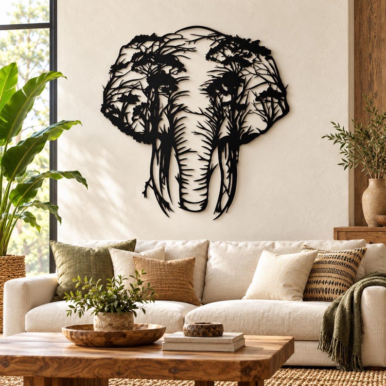 Elephant Tree Metal Wall Art, Safari Animals Wall Decor, Africa Wall Art, Livingroom Wall Hanging, Outdoor Metal Wall Art,Wildife Lover Gift image 3