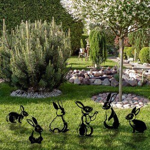 Metal Rabbit Garden Stakes, Steel Rabbit Family Decor, Outdoor Patio ...