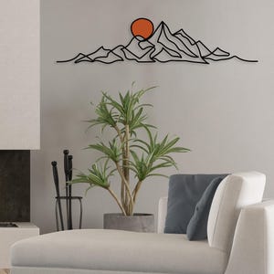 Minimalist Mountain Wall Art, Modern Boho Metal Wall Decor, Large Mountain Range, Gold Sun Black Mountain Above Bed Decor, Mid-Century Art image 10