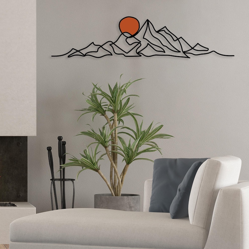 Minimalist Mountain Wall Art, Modern Boho Metal Wall Decor, Large Mountain Range, Gold Sun Black Mountain Above Bed Decor, Mid-Century Art image 10