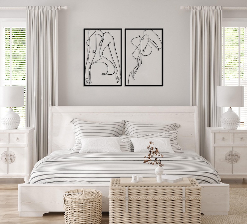 Naked Woman Body Wall Art Set of 2, Metal Bathroom Wall Decor, Minimalist Female Body Bedroom Decor, Feminine One Line Art, Above Bed Decor image 7