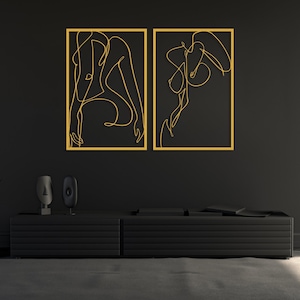 Naked Woman Body Wall Art Set of 2, Metal Bathroom Wall Decor, Minimalist Female Body Bedroom Decor, Feminine One Line Art, Above Bed Decor Gold
