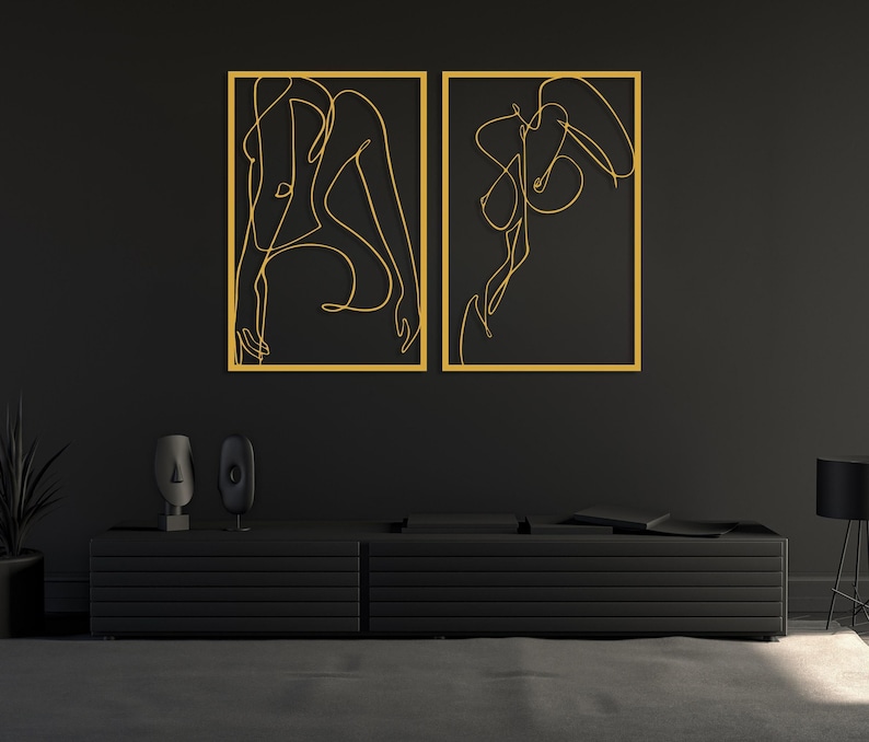 Naked Woman Body Wall Art Set of 2, Metal Bathroom Wall Decor, Minimalist Female Body Bedroom Decor, Feminine One Line Art, Above Bed Decor Gold