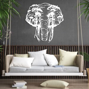 Elephant Tree Metal Wall Art, Safari Animals Wall Decor, Africa Wall Art, Livingroom Wall Hanging, Outdoor Metal Wall Art,Wildife Lover Gift White