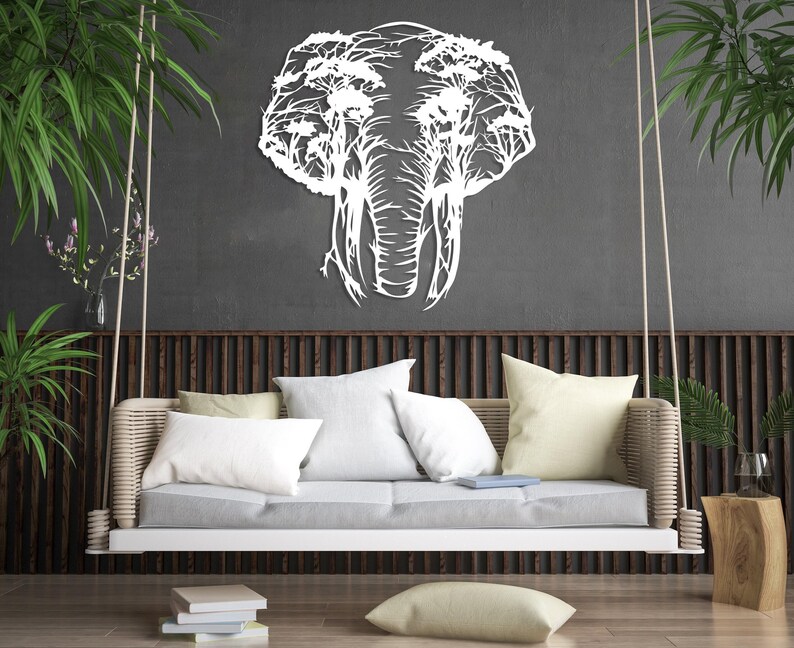 Elephant Tree Metal Wall Art, Safari Animals Wall Decor, Africa Wall Art, Livingroom Wall Hanging, Outdoor Metal Wall Art,Wildife Lover Gift White