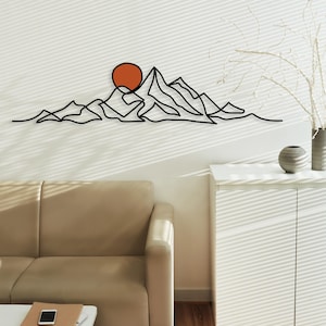 Minimalist Mountain Wall Art, Modern Boho Metal Wall Decor, Large Mountain Range, Gold Sun Black Mountain Above Bed Decor, Mid-Century Art image 9