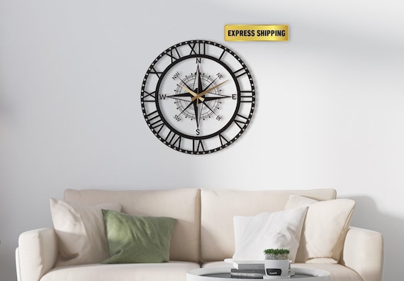 Black Nord Large Wall Clock, Compass Oversize Silent Wall Clock, Modern Wall Clock Art ,Unique Home Decor ,Horloge Murale ,Housewarming Gift