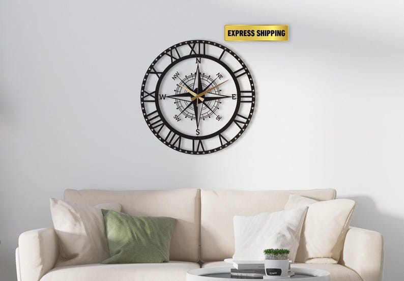 Black Nord Large Wall Clock, Compass Oversize Silent Wall Clock, Modern Wall Clock Art ,Unique Home Decor ,Horloge Murale ,Housewarming Gift Black