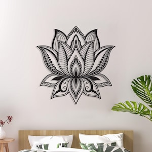 Grande decorazione da parete in metallo con mandala e fiore di loto, decorazione da parete in metallo con fiore di loto, arte yoga, decorazione da parete per la camera da letto, decorazione sopra il letto, regalo di inaugurazione della casa immagine 1