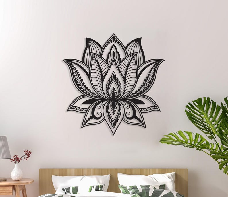 Grande decorazione da parete in metallo con mandala e fiore di loto, decorazione da parete in metallo con fiore di loto, arte yoga, decorazione da parete per la camera da letto, decorazione sopra il letto, regalo di inaugurazione della casa immagine 1