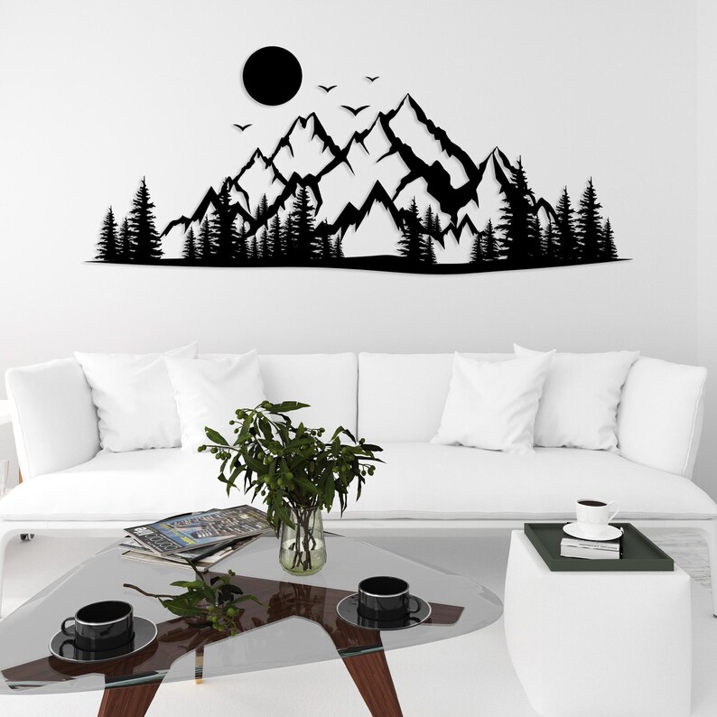 Nature inspired metal wall art with mountains and pine trees