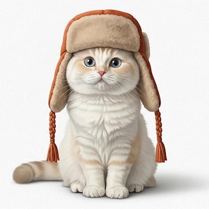 Puede incluir: Un gato color crema con rayas marrones claras y ojos azules que lleva un gorro de cazador marrón y beige con borlas trenzadas. El gato está sentado y mirando hacia adelante sobre un fondo blanco.
