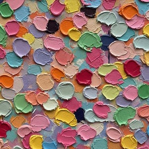 Puede incluir: Pintura abstracta con una superficie texturizada, que presenta una multitud de pinceladas coloridas. La obra de arte muestra una paleta de rosas, verdes, amarillos, azules y naranjas, creando una composición vibrante y dinámica. La aplicación gruesa de la pintura añade profundidad.