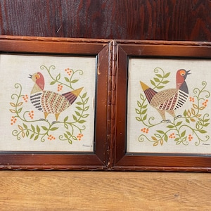 Vintage Fowl on Cloth Folk Art Birds Printed Fabric Framed Pictures TMC Chicago