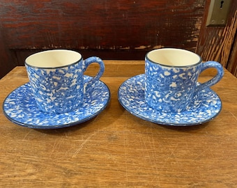 Pair Stangl Pottery Town and Country Blue Spongeware Cup and Saucer Sets