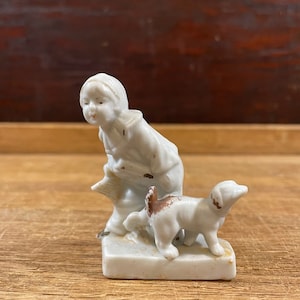 Clown Jester Harlequin with Dog Terrier Puppy Porcelain Figure Made in Germany