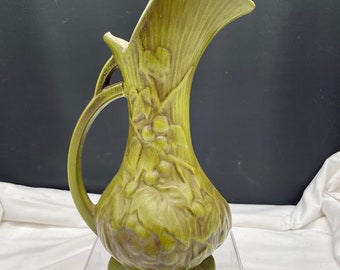 Mid Century Modern USA Avocado Green Grape Pattern Pottery Vase Ewer