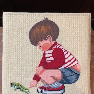 Vintage Needlepoint A boy and A Frog Unframed mounted on Cardboard