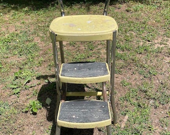 Stylaire Step Kitchen Folding Chair Stool Mid Century Yellow Chrome Distressed