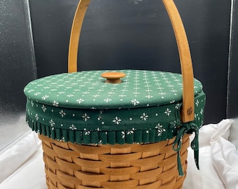 1996 Longaberger Large Round Basket Heritage Green Padded Lid & Liner Protector