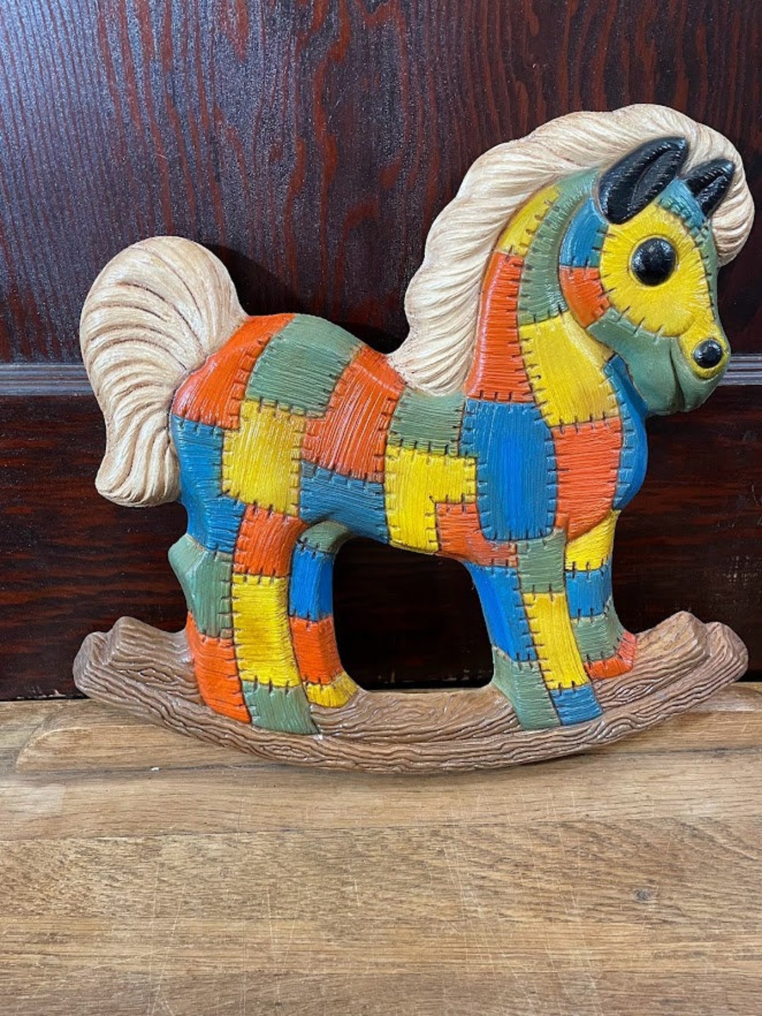 Vintage Multicolor Patchwork Foam Rocking Horse Hobby Horse Wall ...
