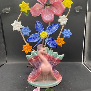 Mid-Century Hand Formed Glass Flower Table Lamp Ceramic Peacock Base