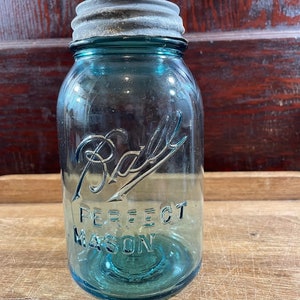 Vintage Ball Perfect Mason Blue Glass Jar No 4 with Metal Glass Lined Lid Quart