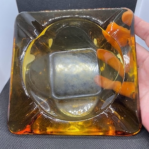 Vintage Amber Glass Square 6 in Ashtray Amber Glass Tobacciana Man Cave Decor