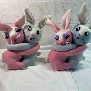 Pair of Knickerbocker Embraceables Pink and Blue Hugging Bunnies Vintage Rabbit
