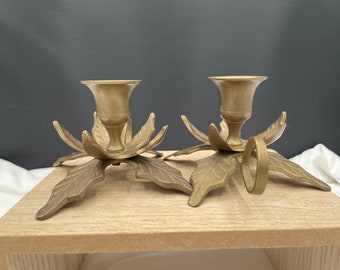 Pair of Brass Holly Leaf Candle Stick Holders Vintage India with Finger Hole