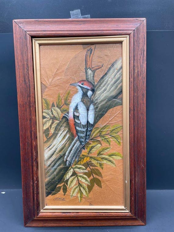 tobacco leaf painting Thai on Canvas Thailand 1980's : Two Exotic Birds Tobacco Leaf Girl 11 x