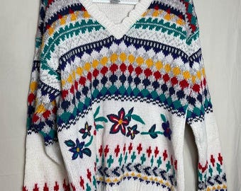 AJ Brandon Hand Embroidered Sweater Ramie Cotton Vintage Floral Chunky Medium