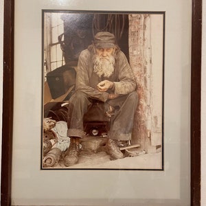 Large Vintage Framed Photograph Bearded Farmer in his Barn