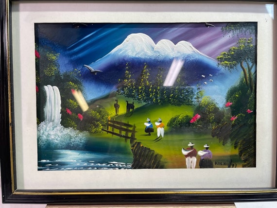 ガラスに描かれた小さな絵画 カラフルな風景画 人物 滝 山