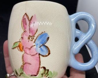 Vintage Baby Mug with Pink Rabbit and Blue Pretzel Handle